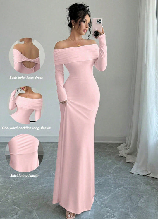 Damen Elegantes und figurbetontes Off-Shoulder Maxikleid mit langen Ärmeln EB