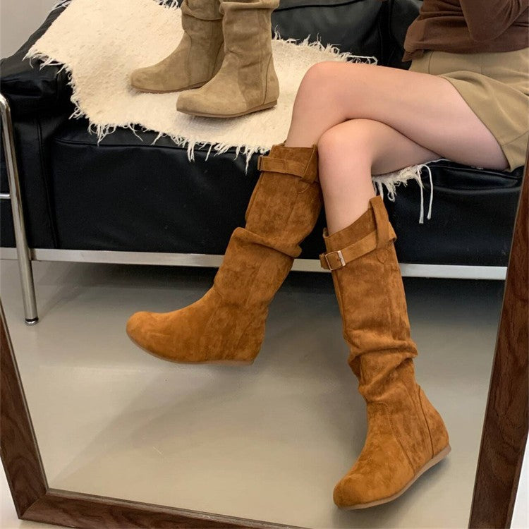 Damen Elegant gefaltete Langschaftstiefel mit modischen Schnallendetails EB