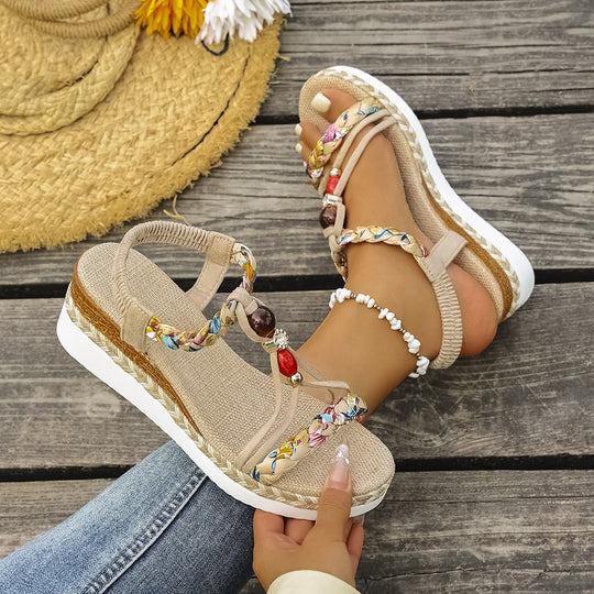 Damen Wedge-Sandaletten mit farbenfrohen Perlen und geflochtenem Riemendesign EB