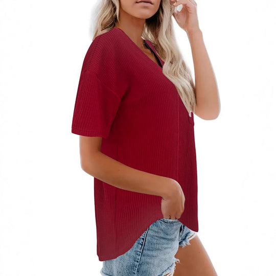 Damen V-Ausschnitt Oversized T-Shirt mit Brusttasche und Rippstruktur EB