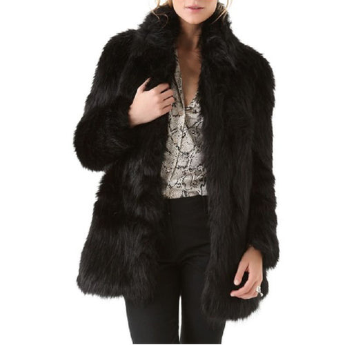 Damen Eleganter Kunstpelz-Mantel mit voluminösem Kragen und praktischen Taschen EB