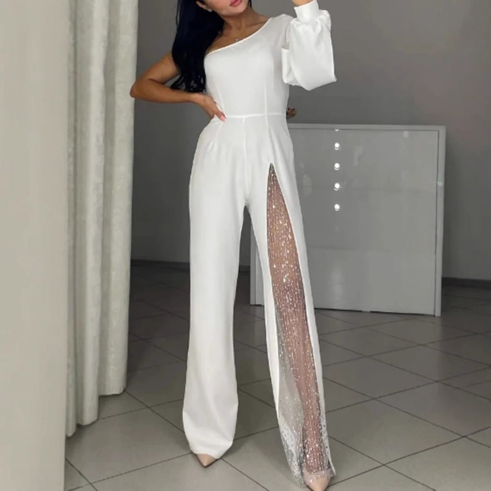 Asymmetrischer einseitiger Damen-Jumpsuit mit Paillettenpanel EB