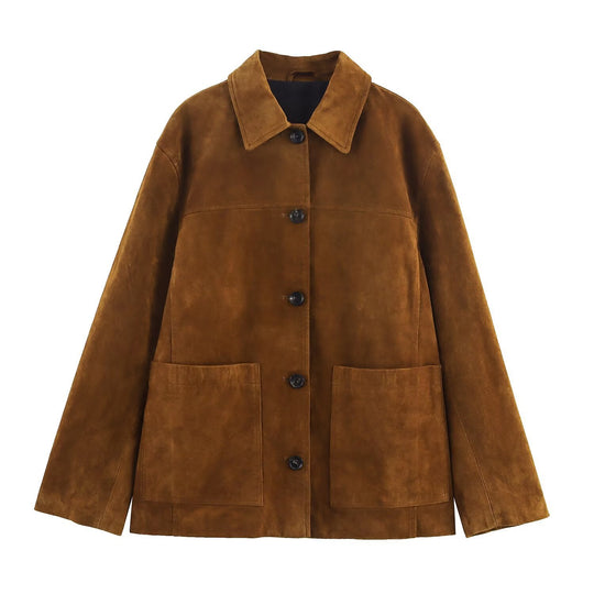 Damen lässige Wildlederjacke mit praktischen Taschen und modischem Schnitt EB