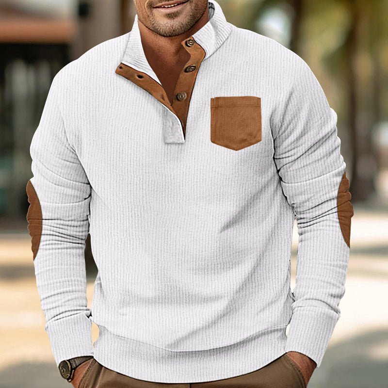 Herren eleganter Strickpullover mit Knopfleiste und kontrastierenden Ellbogenpatches EB