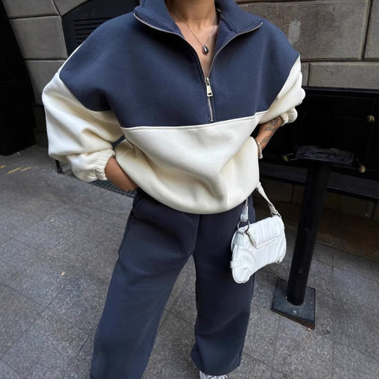 Damen Oversized Zweifarbiges Half-Zip Loungewear-Set mit Stehkragen und weitem Palazzo-Jogger EB