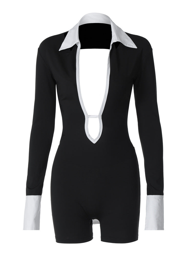 Damen Eleganter Jumpsuit mit tiefem Ausschnitt und kontrastierenden Ärmeln EB
