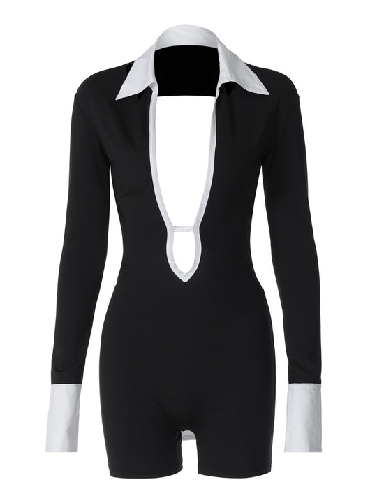 Damen Eleganter Jumpsuit mit tiefem Ausschnitt und kontrastierenden Ärmeln EB