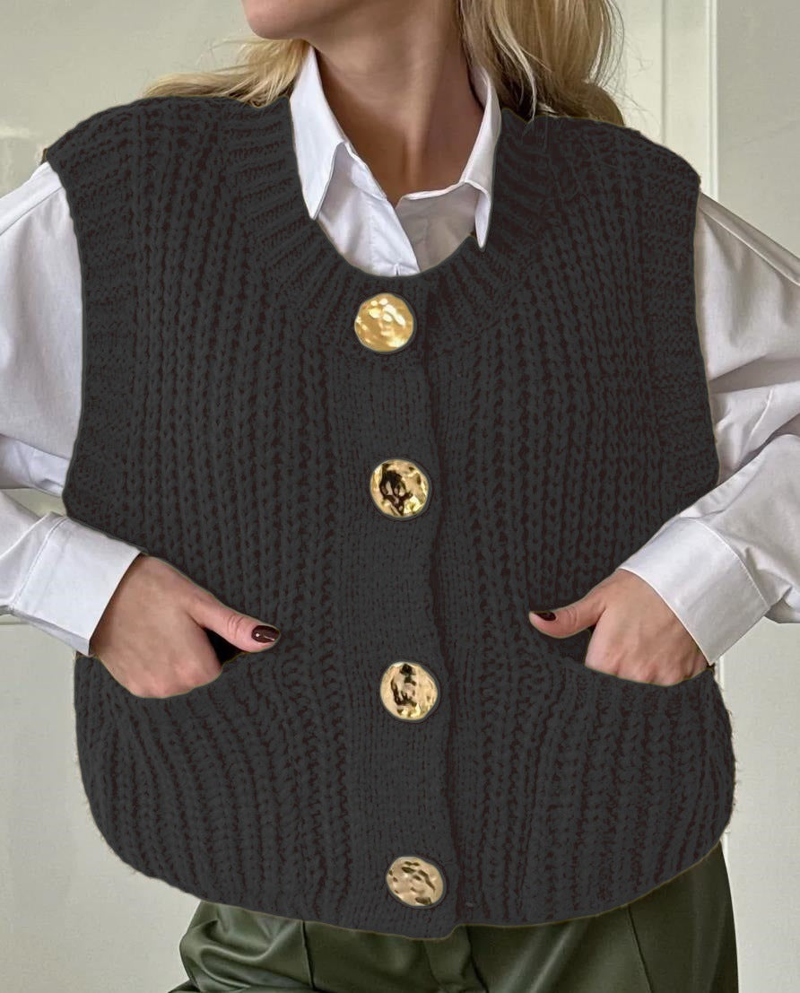 Damen gemütliche Strickweste mit großen Knöpfen und praktischen Taschen EB