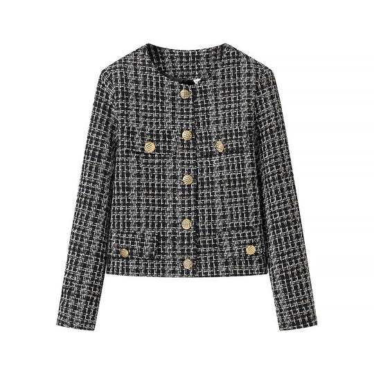 Damen elegante Kurzjacke im modischen Tweed-Stil mit goldenen Knopfdetails EB