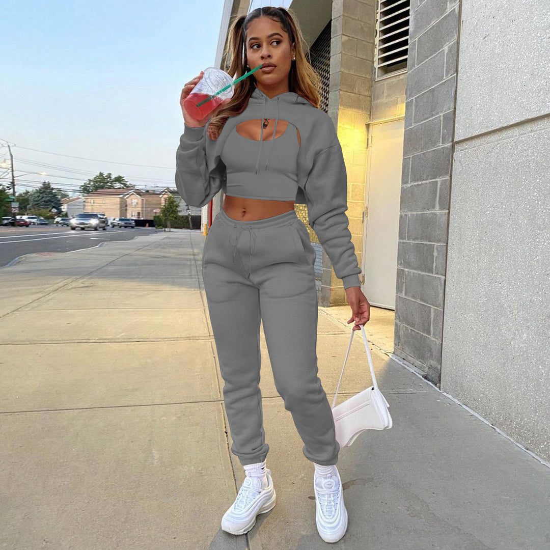 Damen Sportlicher Zweiteiler mit cropped Hoodie und bequemen Jogginghosen EB