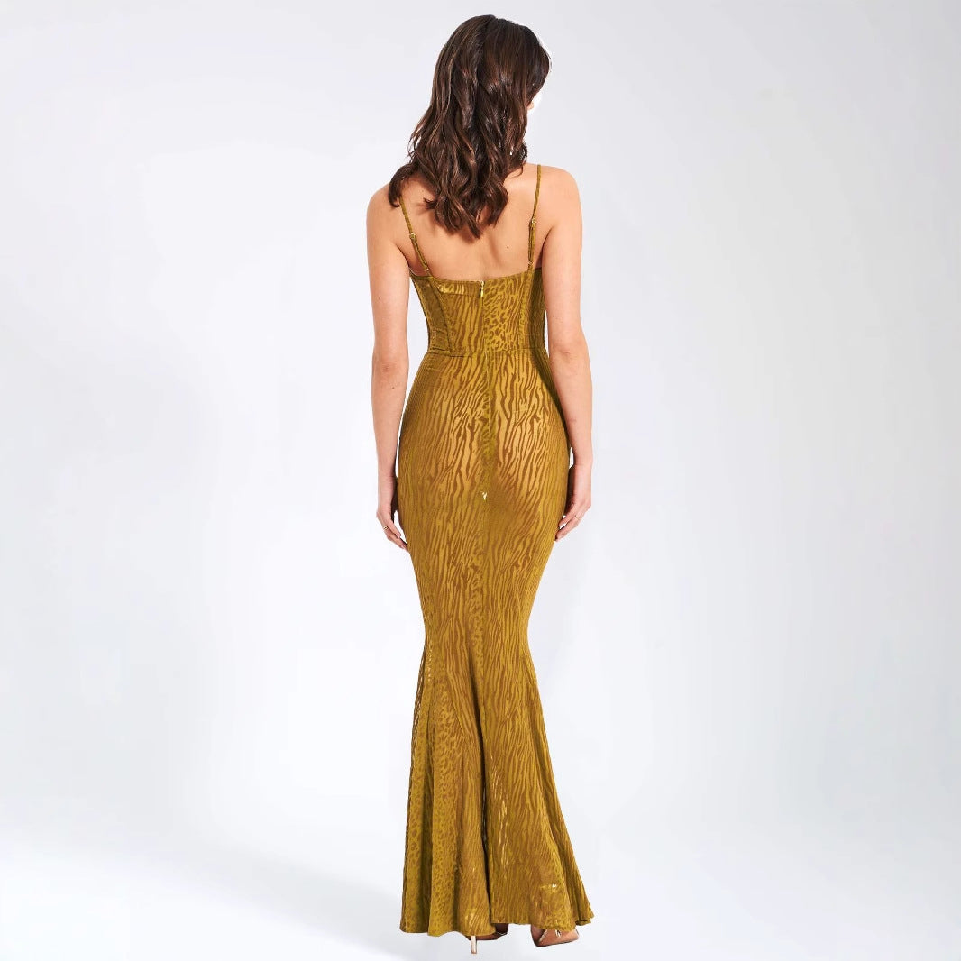 Damen Elegantes Abendkleid aus transparenter Spitze mit Leo-Muster EB