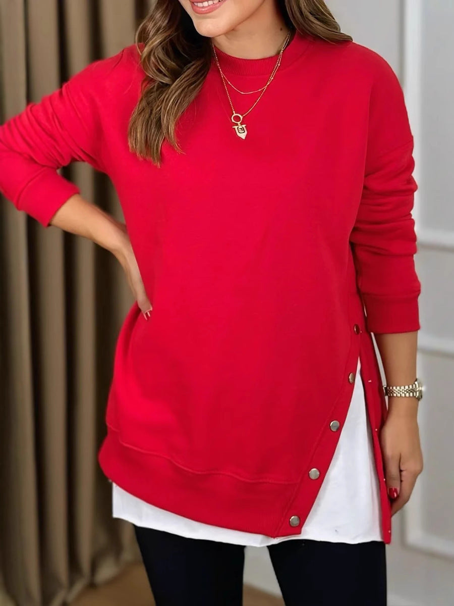 Damen Longpullover mit Modischen Druckknöpfen EB