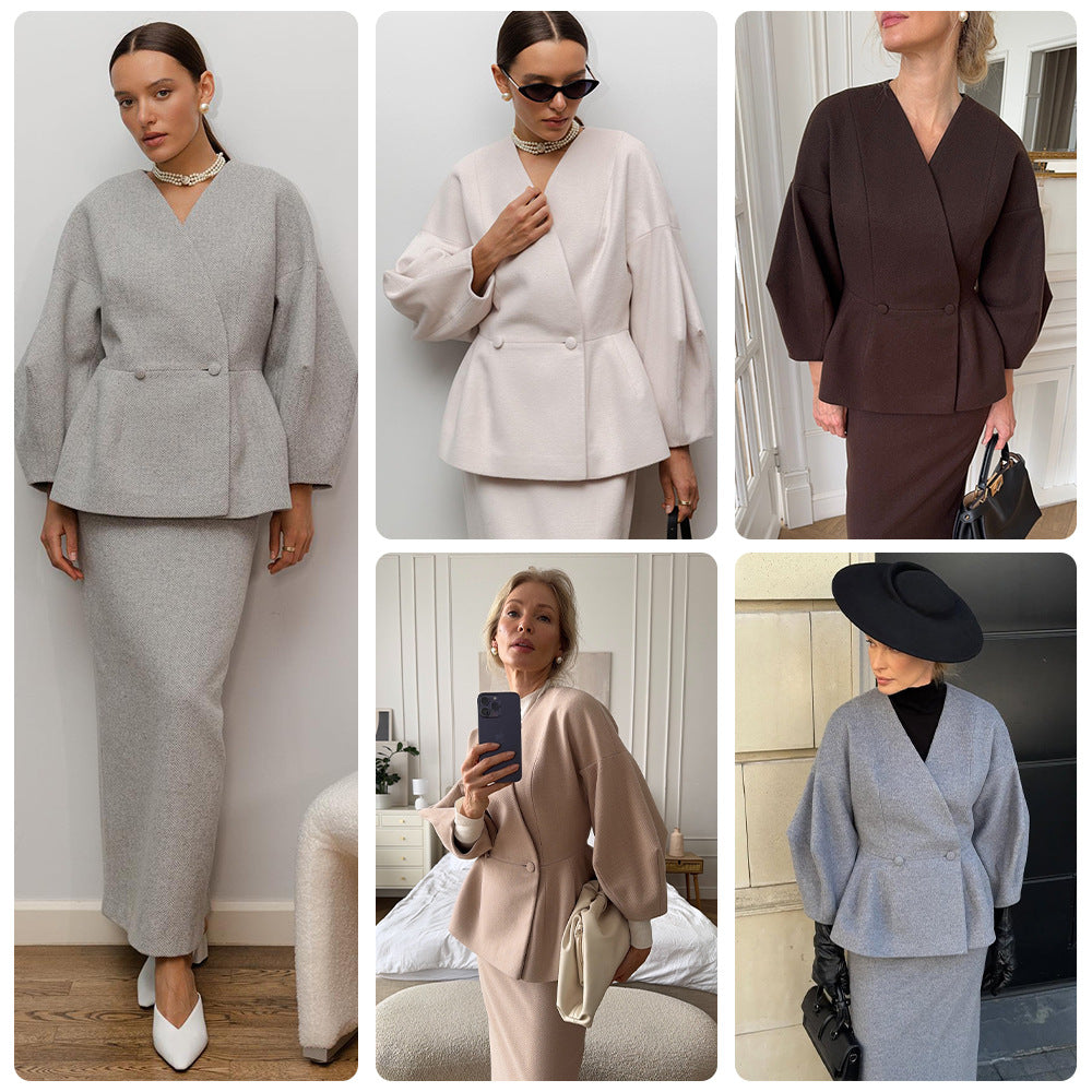 Damen Elegantes Bleistiftkleid mit schickem Blazer-Oberteil und Puffärmeln EB
