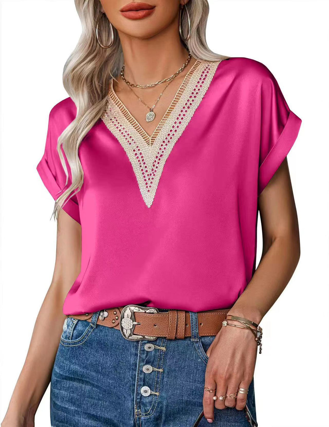 Damen Satin Bluse mit elegantem V-Ausschnitt und raffinierten Spitzenakzenten EB