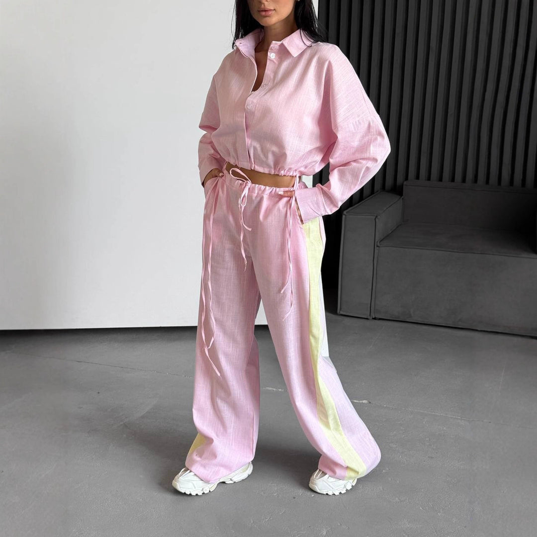 Damen kurzes Hemd mit Kordelzug und weite hochgeschnittene Leinenhose Set Eichborn Berlin