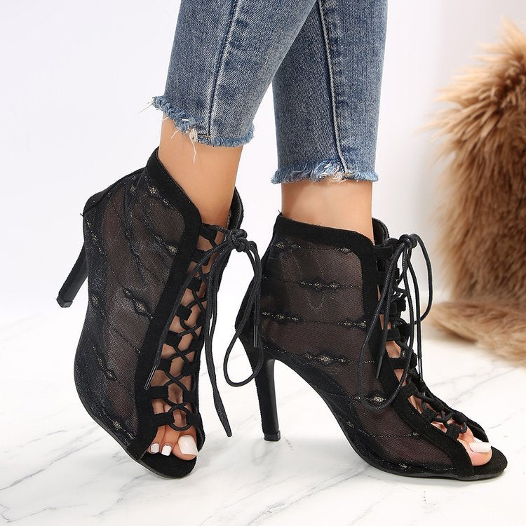 Damen Peep-Toe Stiefeletten mit Schnürung und transparentem Obermaterial EB