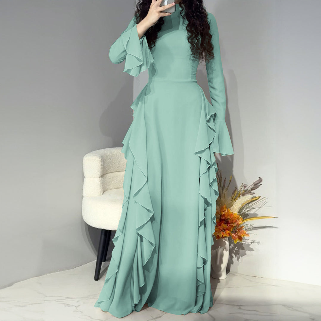 Damen nan Maxikleid mit Volantbesatz, taillierter Empire‑Silhouette und langen Glockenärmeln EB