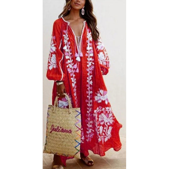 Damen Besticktes Boho-Maxikleid mit Ballonärmeln und Quastenverschluss EB