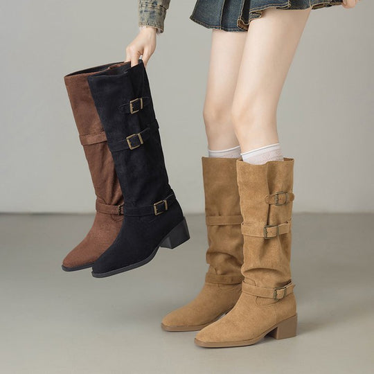 Damen Overknee Stiefel mit modischen Schnallen EB