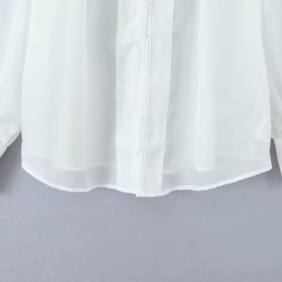 Damen elegante Chiffonbluse mit raffinierten Puffärmeln und edlem Kragen EB
