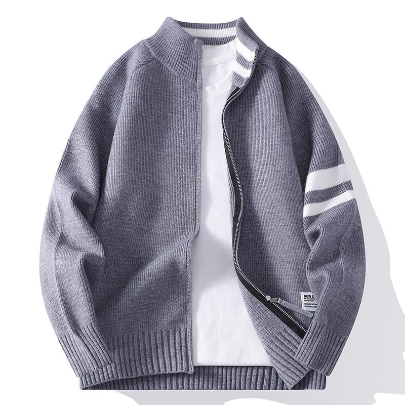 Herren nan gestrickte Zip-Cardigan im College-Stil mit gestreiftem Ärmelband und geripptem Stehkragen EB