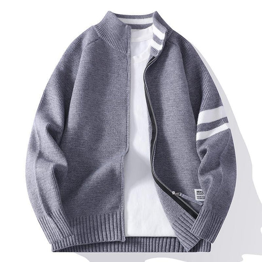 Herren nan gestrickte Zip-Cardigan im College-Stil mit gestreiftem Ärmelband und geripptem Stehkragen EB