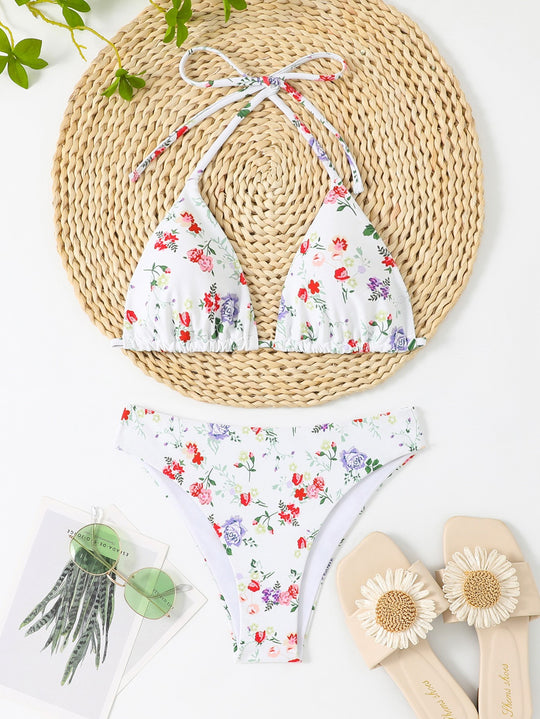 Damen Triangel-Bikini mit Floral- und Karomuster EB