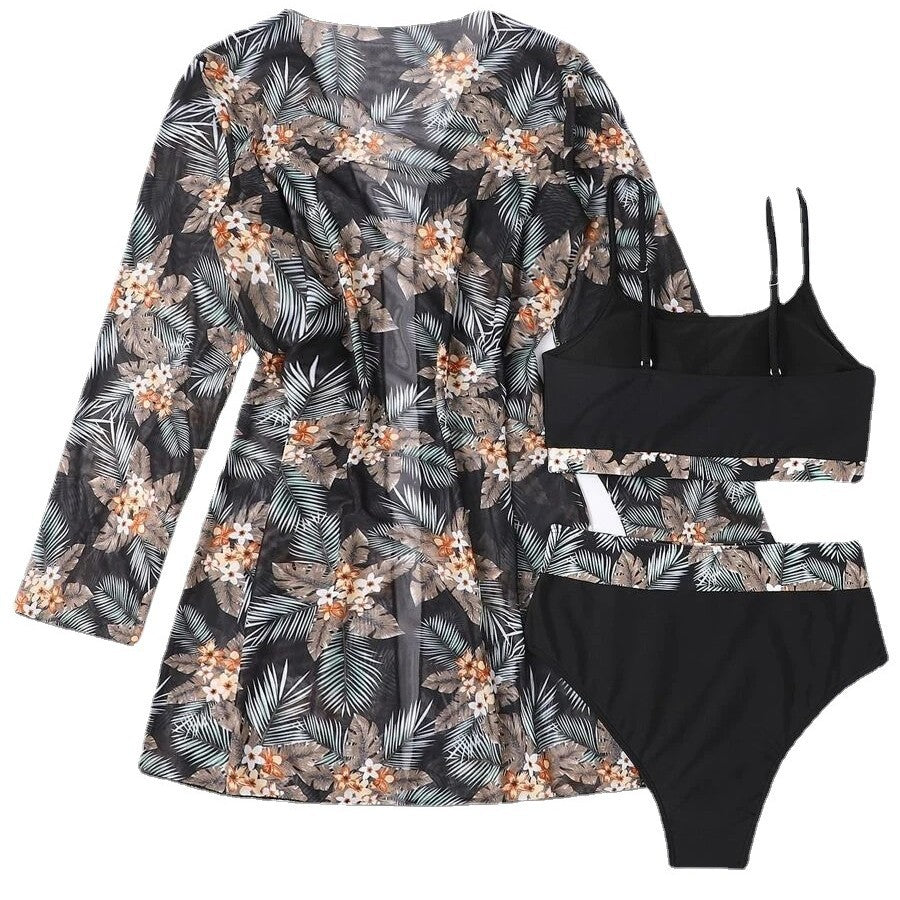 Damen Bikini-Set mit hochgeschnittenem Höschen und floralem Kimono EB