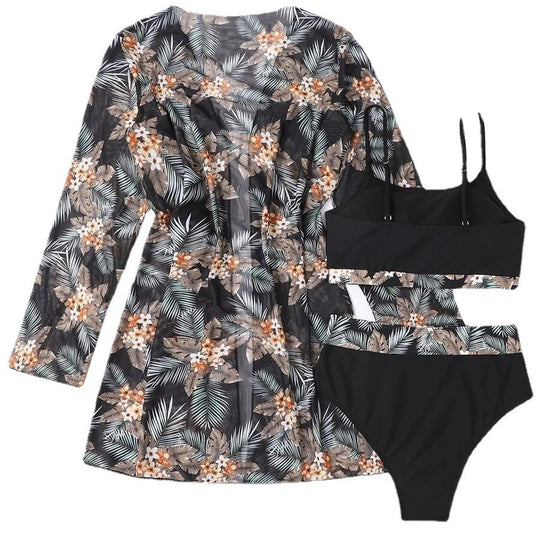 Damen Bikini-Set mit hochgeschnittenem Höschen und floralem Kimono EB