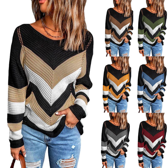 Damen Modischer Strickpullover mit Chevron-Muster und lockerer Passform EB