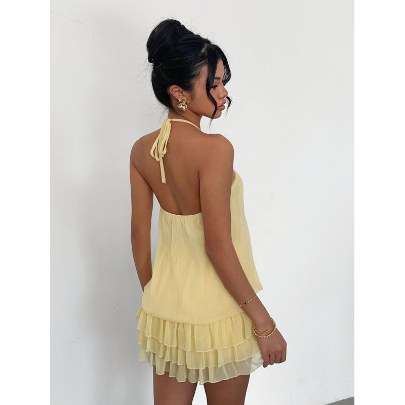 Damen Neckholder Kleid mit Rüschendetails und floralem Akzent EB