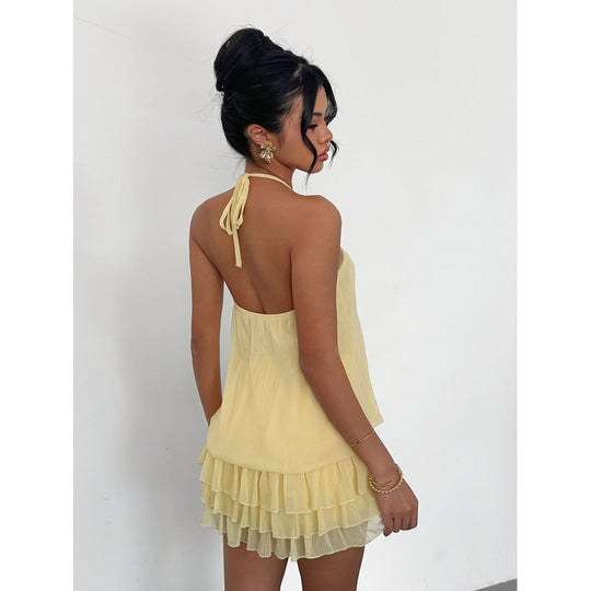 Damen Neckholder Kleid mit Rüschendetails und floralem Akzent EB