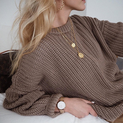 Damen Grobstrickpullover mit lässigem Schnitt und voluminösen Ärmeln EB