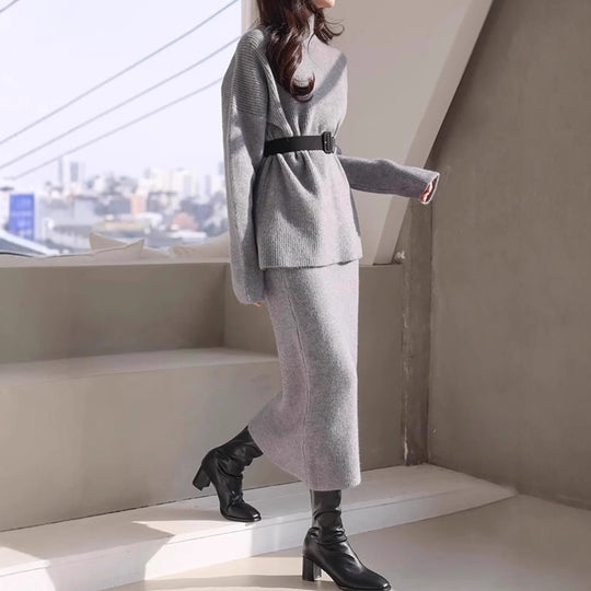 Damen Elegantes Strickoutfit mit Taillengürtel EB
