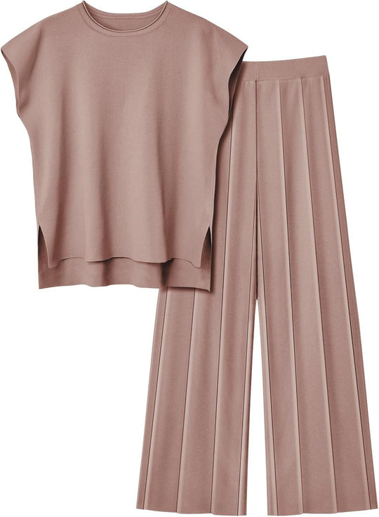 Damen elegantes Set mit kurzärmligem Oberteil und plissierter Hose EB