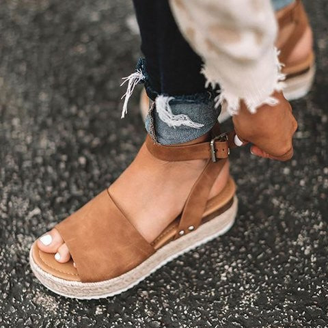 Damen Plateau-Sandalen mit verstellbarem Riemen und jute-artigem Boden EB