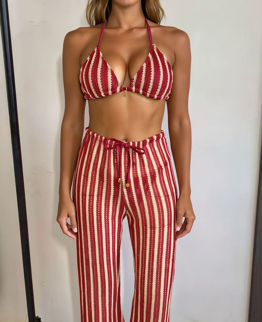 Damen Bikini-Set mit gestreiftem Oberteil und lässigen Hosen EB