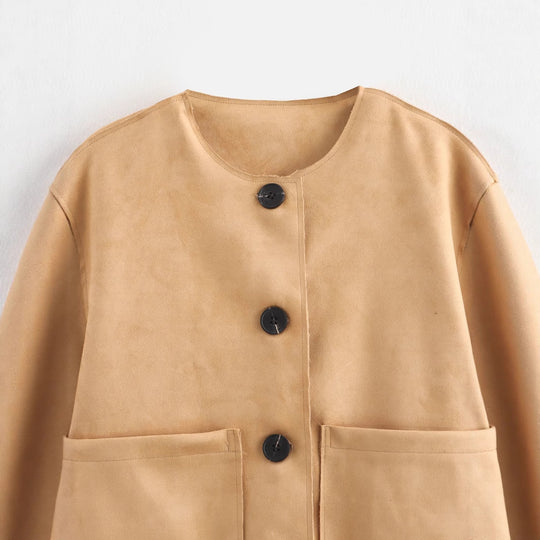 Damen Modische Kurzarmpulloverjacke mit praktischen Taschen und eleganten Knöpfen EB