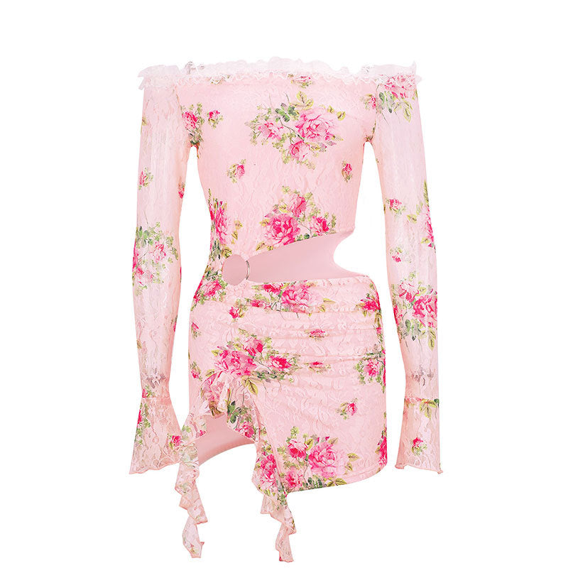Damen Off-Shoulder Blusenkleid mit floralen Akzenten und asymmetrischem Design EB