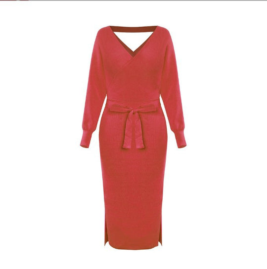 Damen Strickkleid mit Wickeloptik und seitlichem Schlitz EB