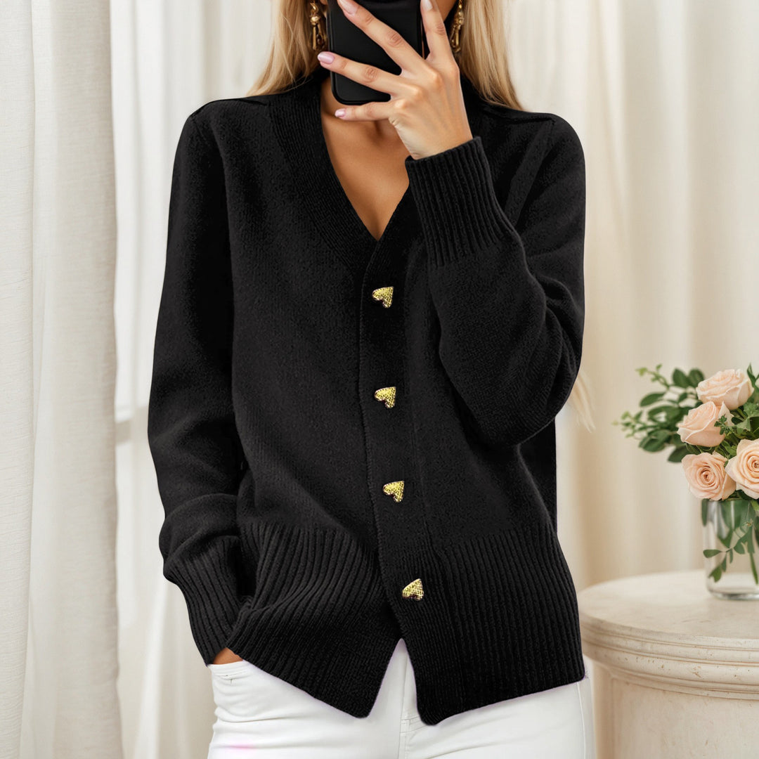 Damen nan lockerer Strickcardigan mit Herzknöpfen und geripptem Saum EB