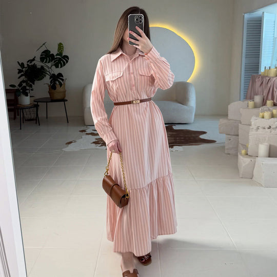 Damen Maxikleid mit elegantem Hemdblusenstil und raffinierter Taillenbetonung EB