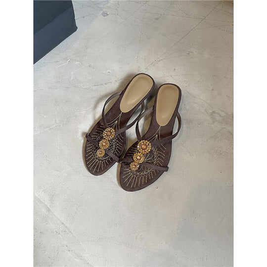 Damen elegante Slingback Sandalen mit funkelnder Perlenverzierung EB