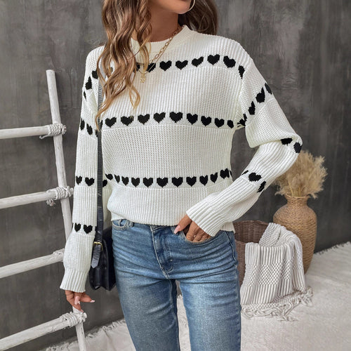 Damen lässiger Strickpullover mit Herzenmuster und lockerem Schnitt EB