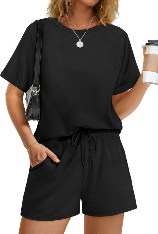 Damen lässiger Kombi aus T-Shirt und Shorts mit elastischem Bund EB