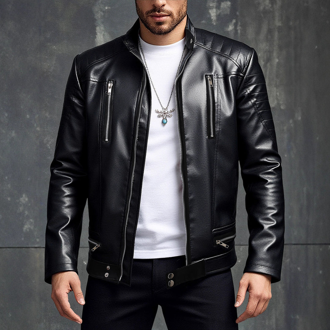 Herren Modische Kunstlederjacke mit asymmetrischem Reißverschluss