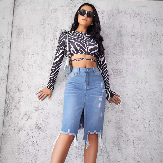 Damen Midirock im modernen Vintage-Design mit lässigem Used-Look und Fransenabschluss EB