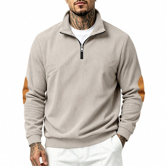 Herren nan Halbzip-Sweatshirt mit Stehkragen, feiner Waffelstruktur und Lederoptik-Ellenbogenpatchs EB