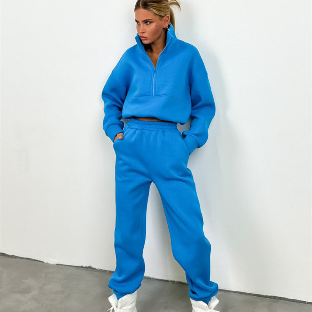 Damen nan cropped Half-Zip Fleece-Set zweiteilig mit hohem Bund und elastischen Bündchen EB