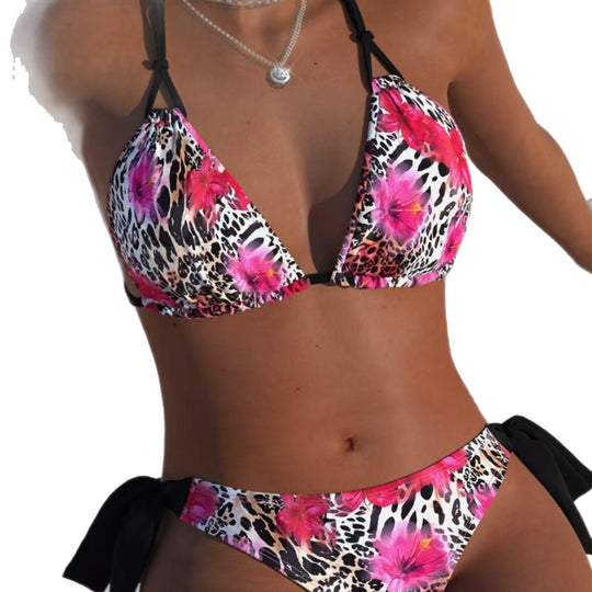 Damen Triangel-Bikini mit modischem Leo- und Blumenmuster EB